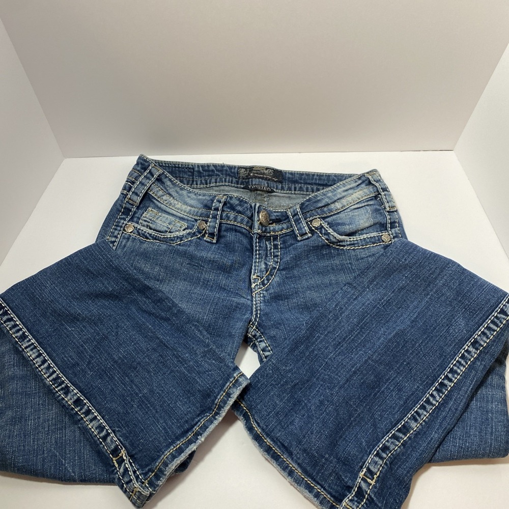 Silver Jeans Womens 26x31 Blue Twisted  Boot Cut Distress Med Wash Denim B1‎